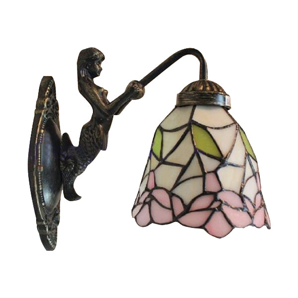 Flared Stained Glass Sconce Light Baroque 1 Head Black/Brass Wall Mounted Light Fixture Clearhalo 'Industrial' 'Middle century wall lights' 'Tiffany wall lights' 'Tiffany' 'Wall Lamps & Sconces' 'Wall Lights' Lighting' 7761