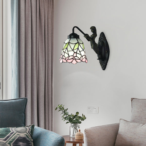 Flared Stained Glass Sconce Light Baroque 1 Head Black/Brass Wall Mounted Light Fixture Black Clearhalo 'Industrial' 'Middle century wall lights' 'Tiffany wall lights' 'Tiffany' 'Wall Lamps & Sconces' 'Wall Lights' Lighting' 7762