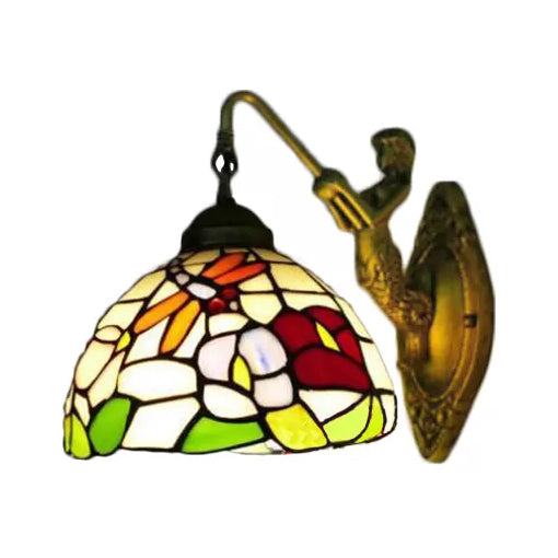 Dome Wall Light Fixture Baroque Stained Glass 1 Head Bronze Sconce Light with Flower/Dragonfly/Morning Glory Pattern Clearhalo 'Industrial' 'Middle century wall lights' 'Tiffany wall lights' 'Tiffany' 'Wall Lamps & Sconces' 'Wall Lights' Lighting' 7764