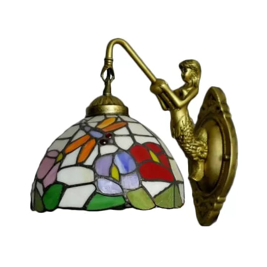 Dome Wall Light Fixture Baroque Stained Glass 1 Head Bronze Sconce Light with Flower/Dragonfly/Morning Glory Pattern Clearhalo 'Industrial' 'Middle century wall lights' 'Tiffany wall lights' 'Tiffany' 'Wall Lamps & Sconces' 'Wall Lights' Lighting' 7765