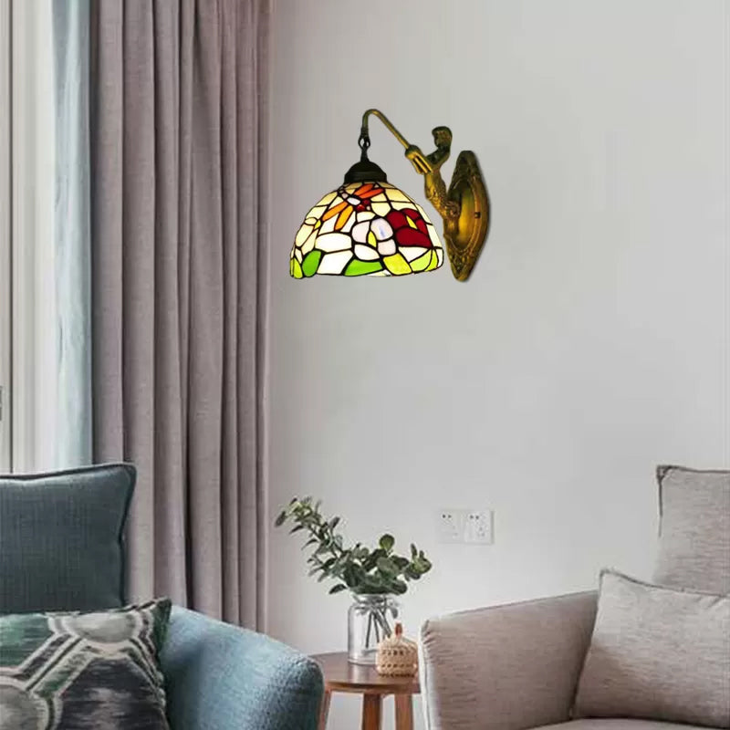 Dome Wall Light Fixture Baroque Stained Glass 1 Head Bronze Sconce Light with Flower/Dragonfly/Morning Glory Pattern Bronze Flower Clearhalo 'Industrial' 'Middle century wall lights' 'Tiffany wall lights' 'Tiffany' 'Wall Lamps & Sconces' 'Wall Lights' Lighting' 7766