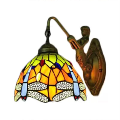 Dome Wall Light Fixture Baroque Stained Glass 1 Head Bronze Sconce Light with Flower/Dragonfly/Morning Glory Pattern Clearhalo 'Industrial' 'Middle century wall lights' 'Tiffany wall lights' 'Tiffany' 'Wall Lamps & Sconces' 'Wall Lights' Lighting' 7767