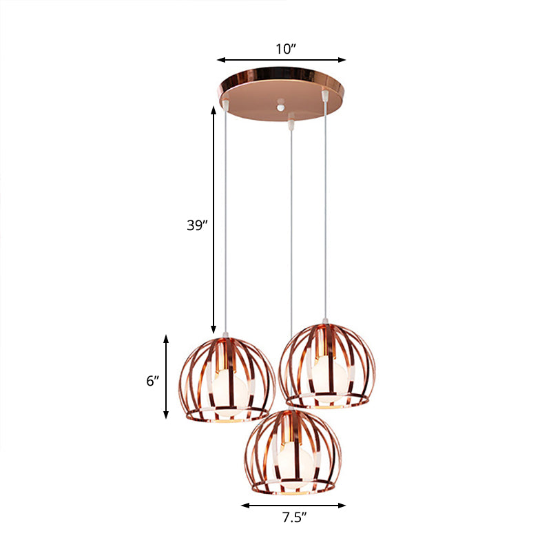 Domed Metal Hanging Lamp with Wire Cage Shade Industrial 3 Heads Living Room Ceiling Pendant in Copper Clearhalo 'Art Deco Pendants' 'Cast Iron' 'Ceiling Lights' 'Ceramic' 'Crystal' 'Industrial Pendants' 'Industrial' 'Metal' 'Middle Century Pendants' 'Pendant Lights' 'Pendants' 'Tiffany' Lighting' 77673
