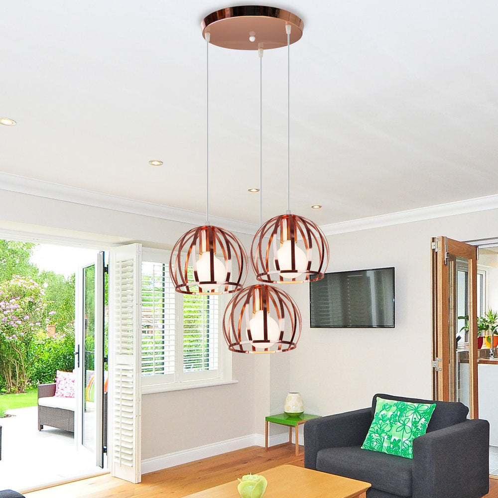Domed Metal Hanging Lamp with Wire Cage Shade Industrial 3 Heads Living ...