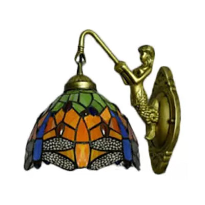 Dome Wall Light Fixture Baroque Stained Glass 1 Head Bronze Sconce Light with Flower/Dragonfly/Morning Glory Pattern Clearhalo 'Industrial' 'Middle century wall lights' 'Tiffany wall lights' 'Tiffany' 'Wall Lamps & Sconces' 'Wall Lights' Lighting' 7768