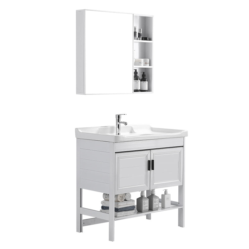White Vanity Sink Doors Drawer Faucet Storage Shelf Vanity with Mirror Clearhalo 'Bathroom Remodel & Bathroom Fixtures' 'Bathroom Vanities' 'bathroom_vanities' 'Home Improvement' 'home_improvement' 'home_improvement_bathroom_vanities' 7769882