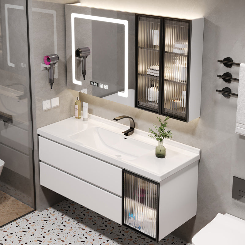 2 Drawers Vanity White Metal Frame Wall Mount Rectangular Mirror Single Sink Vanity Clearhalo 'Bathroom Remodel & Bathroom Fixtures' 'Bathroom Vanities' 'bathroom_vanities' 'Home Improvement' 'home_improvement' 'home_improvement_bathroom_vanities' 7769925