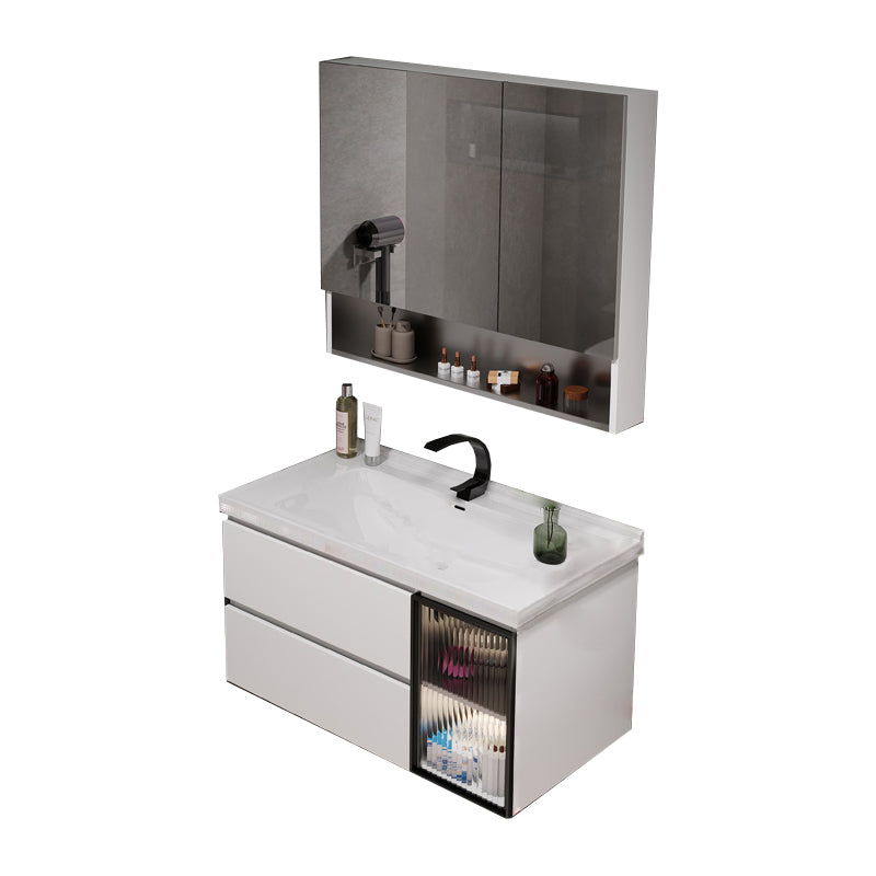 2 Drawers Vanity White Metal Frame Wall Mount Rectangular Mirror Single Sink Vanity Vanity & Faucet & Mirror Cabinet https: res.litfad.com site img item 2023 03 17 7769927 1200x1200.jpg Clearhalo 'Bathroom Remodel & Bathroom Fixtures' 'Bathroom Vanities' 'bathroom_vanities' 'Home Improvement' 'home_improvement' 'home_improvement_bathroom_vanities' 7769927