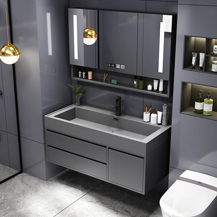 Bathroom Vanity Faucet Grey Wood Frame Mirror 2 Drawers Rectangular Single Sink Vanity Clearhalo 'Bathroom Remodel & Bathroom Fixtures' 'Bathroom Vanities' 'bathroom_vanities' 'Home Improvement' 'home_improvement' 'home_improvement_bathroom_vanities' 7769993