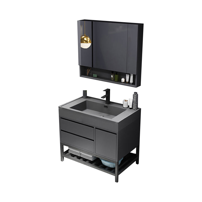 Bathroom Vanity Faucet Grey Wood Frame Mirror 2 Drawers Rectangular Single Sink Vanity Vanity & Faucet & Mirror Cabinet https: res.litfad.com site img item 2023 03 23 7769994 1200x1200.jpg Clearhalo 'Bathroom Remodel & Bathroom Fixtures' 'Bathroom Vanities' 'bathroom_vanities' 'Home Improvement' 'home_improvement' 'home_improvement_bathroom_vanities' 7769994