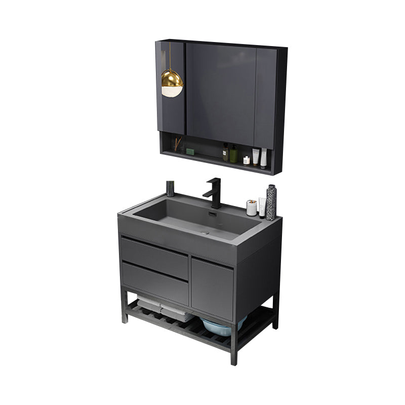 Bathroom Vanity Faucet Grey Wood Frame Mirror 2 Drawers Rectangular Single Sink Vanity Vanity & Faucet & Mirror Cabinet https: res.litfad.com site img item 2023 03 13 7769995 1200x1200.jpg Clearhalo 'Bathroom Remodel & Bathroom Fixtures' 'Bathroom Vanities' 'bathroom_vanities' 'Home Improvement' 'home_improvement' 'home_improvement_bathroom_vanities' 7769995