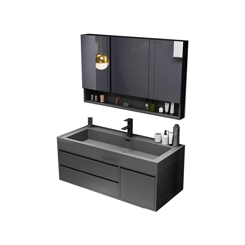 Bathroom Vanity Faucet Grey Wood Frame Mirror 2 Drawers Rectangular Single Sink Vanity Vanity & Faucet & Mirror Cabinet https: res.litfad.com site img item 2023 03 16 7770005 1200x1200.jpg Clearhalo 'Bathroom Remodel & Bathroom Fixtures' 'Bathroom Vanities' 'bathroom_vanities' 'Home Improvement' 'home_improvement' 'home_improvement_bathroom_vanities' 7770005