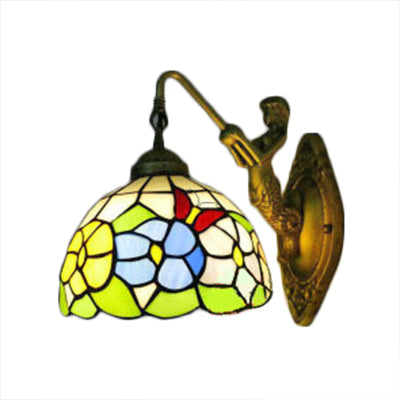Dome Wall Light Fixture Baroque Stained Glass 1 Head Bronze Sconce Light with Flower/Dragonfly/Morning Glory Pattern Clearhalo 'Industrial' 'Middle century wall lights' 'Tiffany wall lights' 'Tiffany' 'Wall Lamps & Sconces' 'Wall Lights' Lighting' 7770