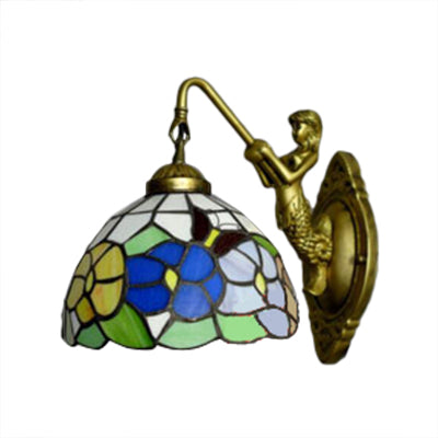 Dome Wall Light Fixture Baroque Stained Glass 1 Head Bronze Sconce Light with Flower/Dragonfly/Morning Glory Pattern Clearhalo 'Industrial' 'Middle century wall lights' 'Tiffany wall lights' 'Tiffany' 'Wall Lamps & Sconces' 'Wall Lights' Lighting' 7771