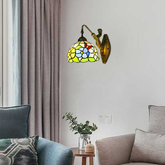 Dome Wall Light Fixture Baroque Stained Glass 1 Head Bronze Sconce Light with Flower/Dragonfly/Morning Glory Pattern Bronze Morning Glory Clearhalo 'Industrial' 'Middle century wall lights' 'Tiffany wall lights' 'Tiffany' 'Wall Lamps & Sconces' 'Wall Lights' Lighting' 7772