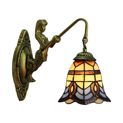 Bell Stained Glass Sconce Lighting Baroque 1 Head 6"/8" Wide Bronze Wall Mounted Light with Mermaid Backplate Bronze 6" Clearhalo 'Industrial' 'Middle century wall lights' 'Tiffany wall lights' 'Tiffany' 'Wall Lamps & Sconces' 'Wall Lights' Lighting' 7779