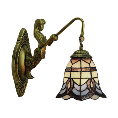 Bell Stained Glass Sconce Lighting Baroque 1 Head 6"/8" Wide Bronze Wall Mounted Light with Mermaid Backplate Clearhalo 'Industrial' 'Middle century wall lights' 'Tiffany wall lights' 'Tiffany' 'Wall Lamps & Sconces' 'Wall Lights' Lighting' 7780