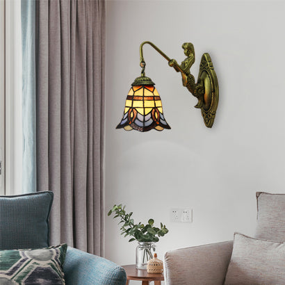 Bell Stained Glass Sconce Lighting Baroque 1 Head 6"/8" Wide Bronze Wall Mounted Light with Mermaid Backplate Bronze 8" Clearhalo 'Industrial' 'Middle century wall lights' 'Tiffany wall lights' 'Tiffany' 'Wall Lamps & Sconces' 'Wall Lights' Lighting' 7781