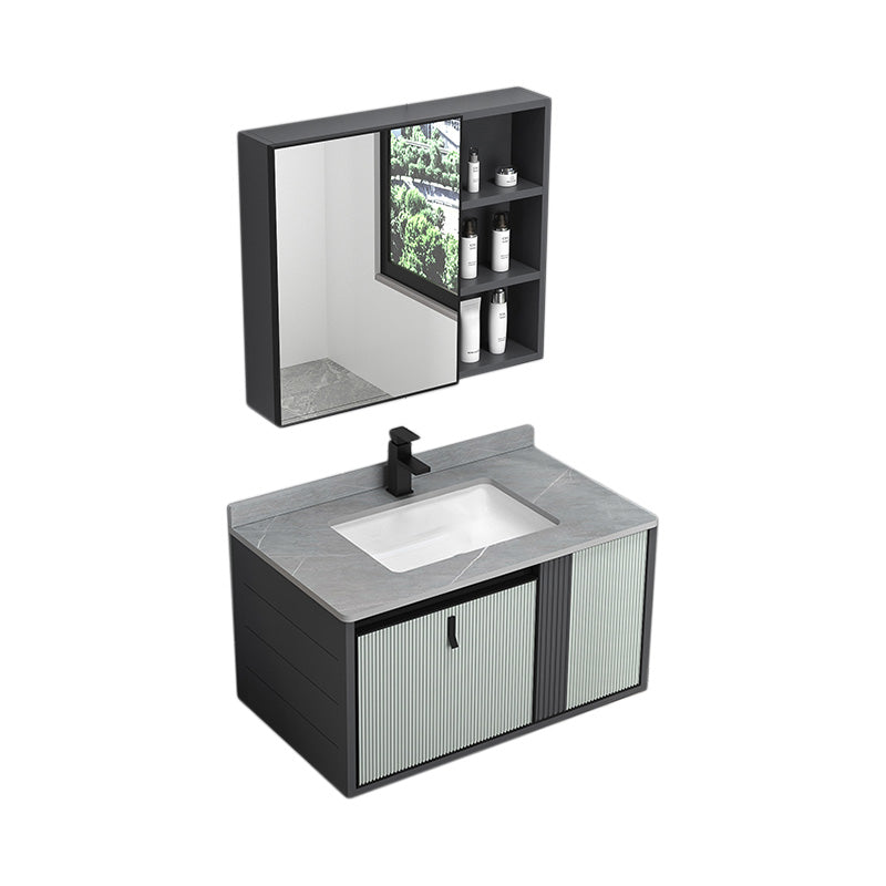 Wall Mount Metal Modern Bathroom Sink Vanity with Sink Faucet Vanity & Faucet & Mirror Cabinet 32"L x 19"W x 18"H Gray Clearhalo 'Bathroom Remodel & Bathroom Fixtures' 'Bathroom Vanities' 'bathroom_vanities' 'Home Improvement' 'home_improvement' 'home_improvement_bathroom_vanities' 7800462