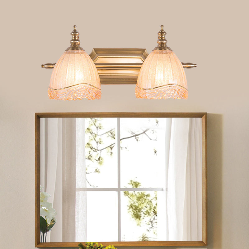Brass 2 Lights Vanity Wall Lighting Traditional Carved Glass Domed Wall Sconce Lamp for Bathroom Brass Clearhalo 'Vanity Lights' 'Wall Lights' Lighting' 780589
