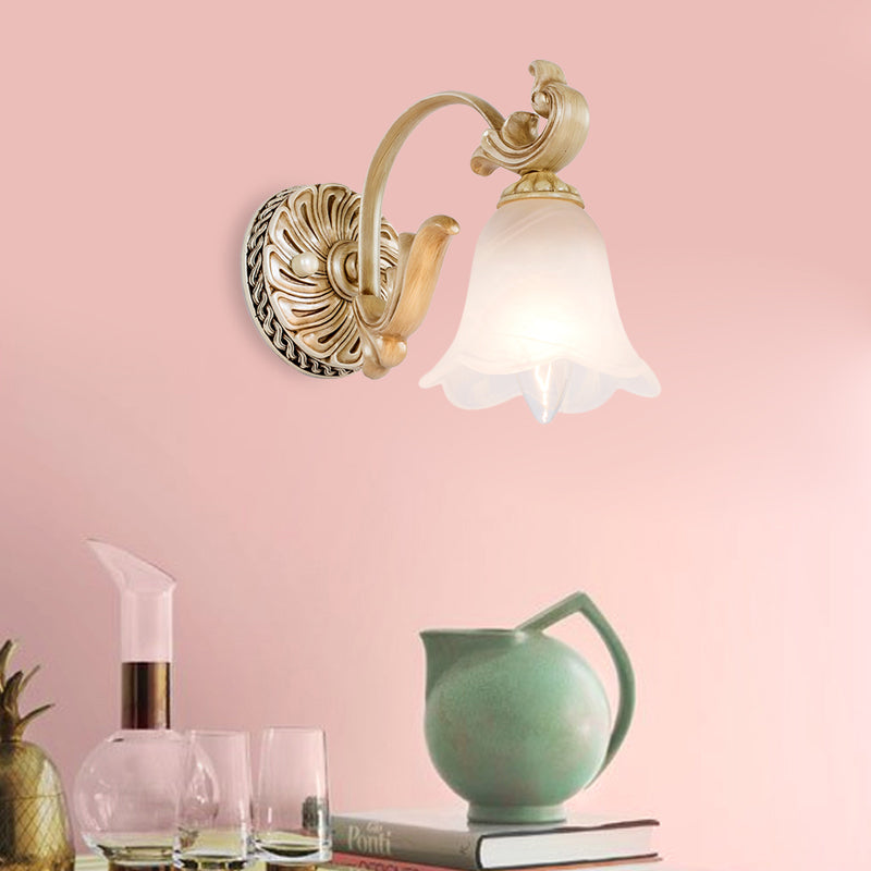 1/2/3-Head Flower Vanity Light Fixture Colonial Style Gold Opal Glass Wall Mounted Lamp for Bathroom 1.0 Gold Clearhalo 'Vanity Lights' 'Wall Lights' Lighting' 780593
