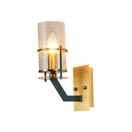 1 Bulb Wall Sconce Lighting Vintage Indoor Wall Mount Lamp Fixture with Cylinder Seeded Glass Shade in Brass Clearhalo 'Wall Lamps & Sconces' 'Wall Lights' Lighting' 780609