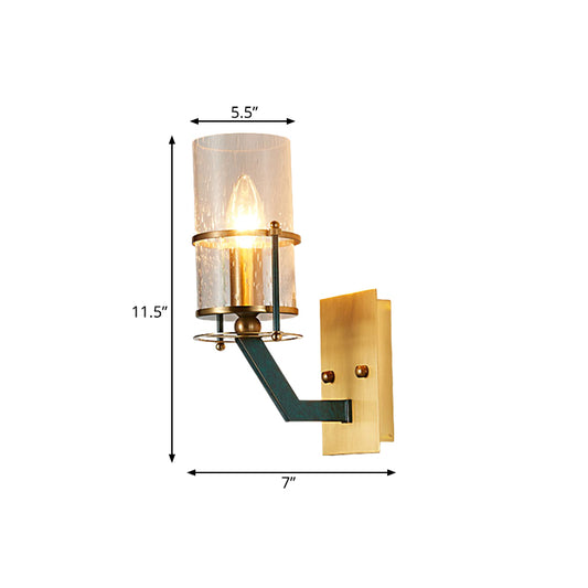 1 Bulb Wall Sconce Lighting Vintage Indoor Wall Mount Lamp Fixture with Cylinder Seeded Glass Shade in Brass Clearhalo 'Wall Lamps & Sconces' 'Wall Lights' Lighting' 780610