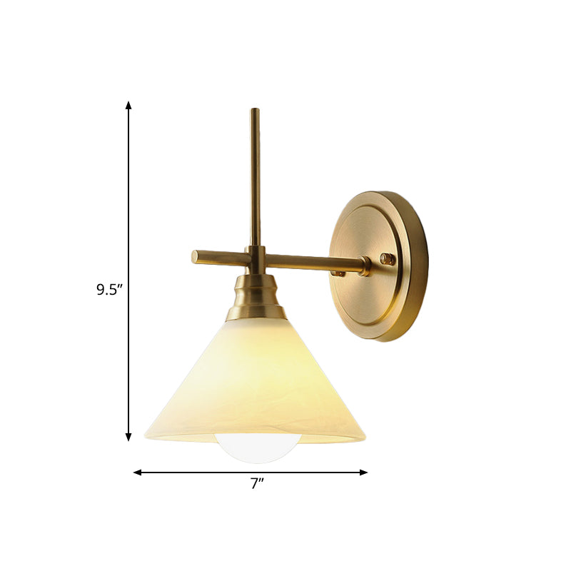 Cream Glass Cone Wall Sconce Lighting Vintage 1 Head Bedside Wall Lamp Fixture in Brass Clearhalo 'Wall Lamps & Sconces' 'Wall Lights' Lighting' 780630