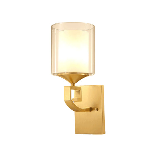 1 Bulb Wall Lamp Fixture Colonial Style 2-Tier Cylindrical Clear and Opal Glass Sconce Lighting in Brass Clearhalo 'Wall Lamps & Sconces' 'Wall Lights' Lighting' 780640