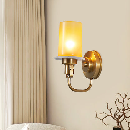 Colonial Style Cylinder Wall Mount Lighting 1 Head Yellow Glass Wall Sconce in Brass Brass Clearhalo 'Wall Lamps & Sconces' 'Wall Lights' Lighting' 780643