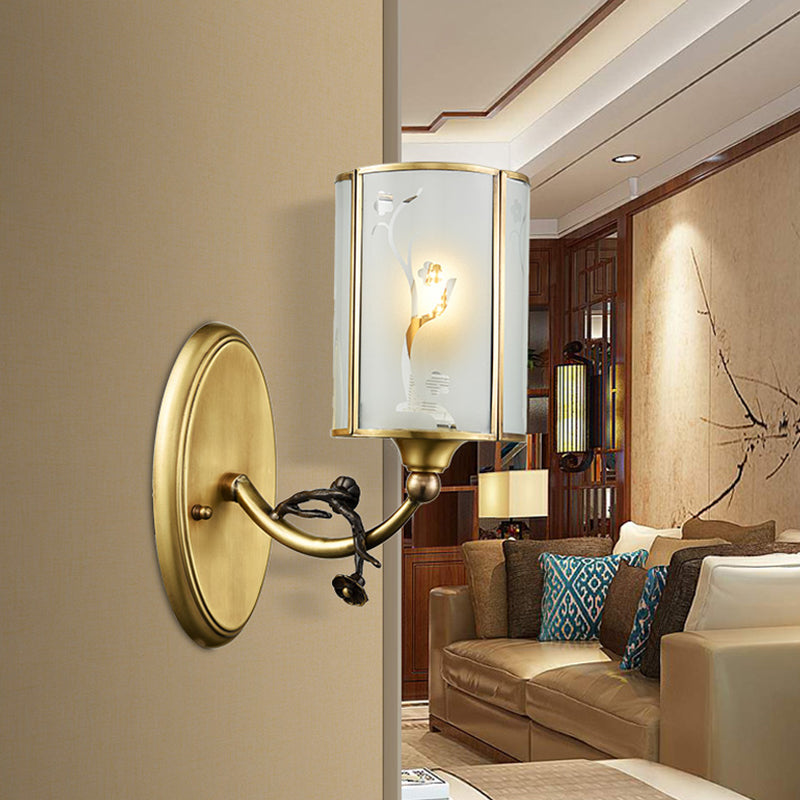 Brass 1 Light Wall Light Sconce Vintage Translucent Glass Cylinder Wall Lamp Fixture for Corner Brass Clearhalo 'Wall Lamps & Sconces' 'Wall Lights' Lighting' 780651