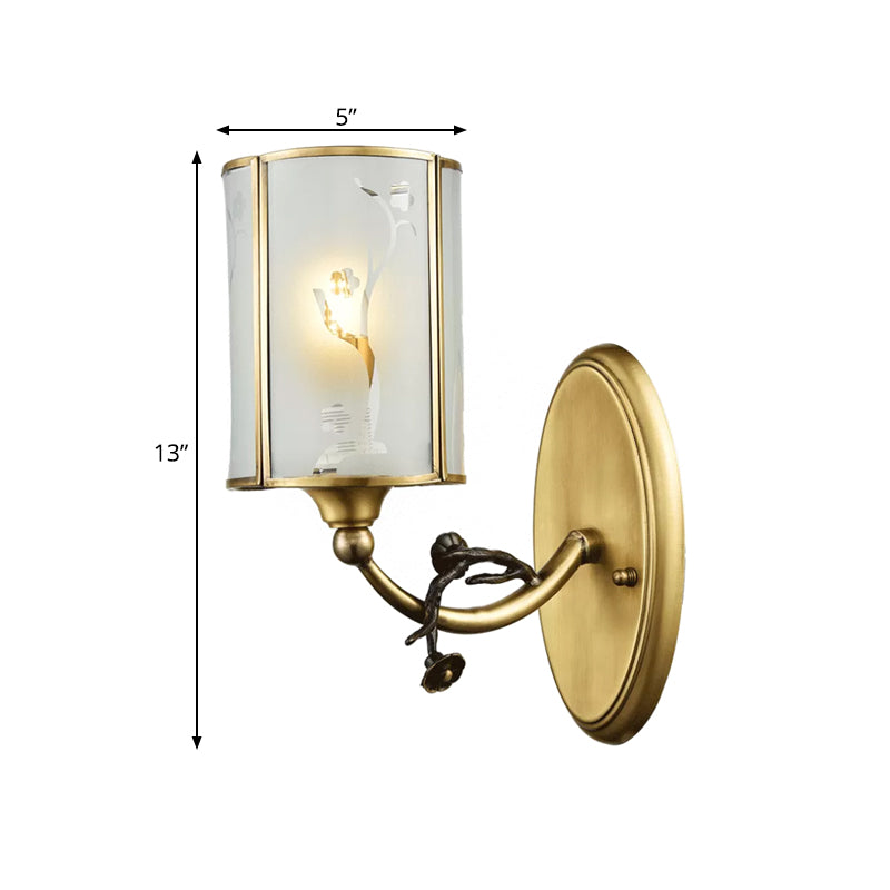 Brass 1 Light Wall Light Sconce Vintage Translucent Glass Cylinder Wall Lamp Fixture for Corner Clearhalo 'Wall Lamps & Sconces' 'Wall Lights' Lighting' 780654