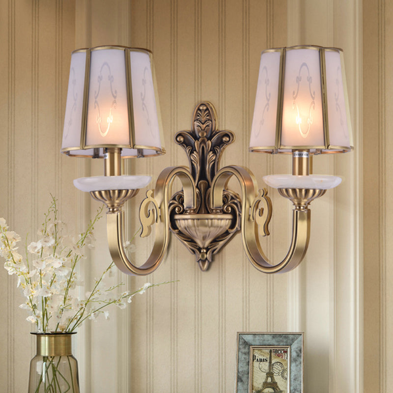 Cone Translucent Glass Sconce Light Fixture Vintage 1/2 Bulb Indoor Wall Mounted Lamp in Brass Clearhalo 'Wall Lamps & Sconces' 'Wall Lights' Lighting' 780660