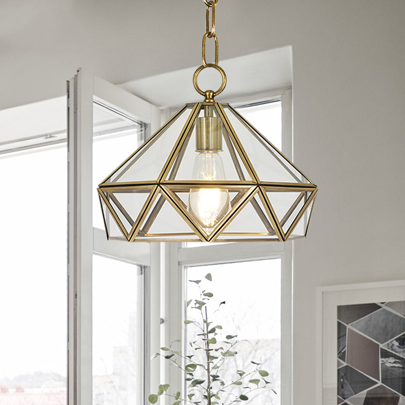Colonial Diamond Shape Pendant Lighting 1 Bulb Clear Glass Ceiling Hang Fixture in Brass for Bedroom Brass Clearhalo 'Ceiling Lights' 'Glass shade' 'Glass' 'Island Lights' 'Pendant Lights' 'Pendants' Lighting' 780707