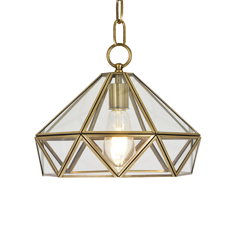 Colonial Diamond Shape Pendant Lighting 1 Bulb Clear Glass Ceiling Hang Fixture in Brass for Bedroom Clearhalo 'Ceiling Lights' 'Glass shade' 'Glass' 'Island Lights' 'Pendant Lights' 'Pendants' Lighting' 780708
