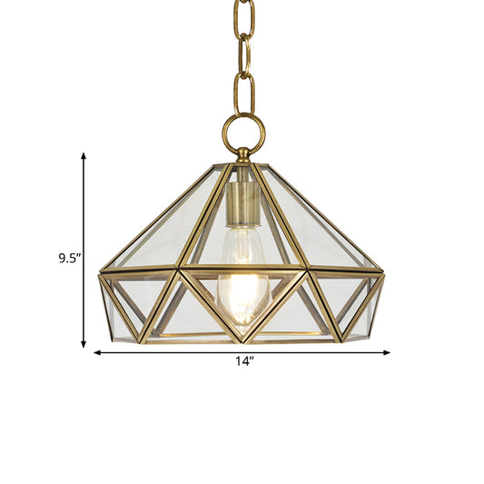 Colonial Diamond Shape Pendant Lighting 1 Bulb Clear Glass Ceiling Hang Fixture in Brass for Bedroom Clearhalo 'Ceiling Lights' 'Glass shade' 'Glass' 'Island Lights' 'Pendant Lights' 'Pendants' Lighting' 780710