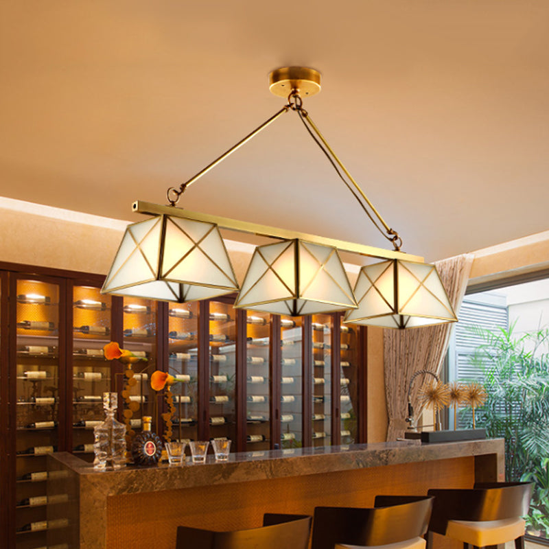 3 Bulbs Tapered Island Pendant Light Colonial Style Brass Finish Opal Glass Ceiling Hang Fixture Brass Clearhalo 'Ceiling Lights' 'Island Lights' Lighting' 780790