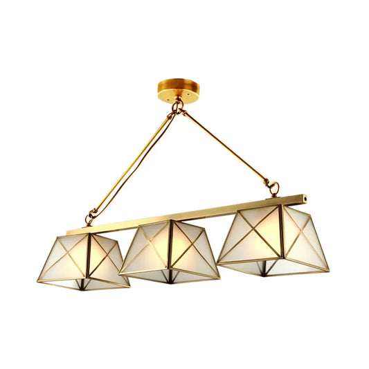 3 Bulbs Tapered Island Pendant Light Colonial Style Brass Finish Opal Glass Ceiling Hang Fixture Clearhalo 'Ceiling Lights' 'Island Lights' Lighting' 780792