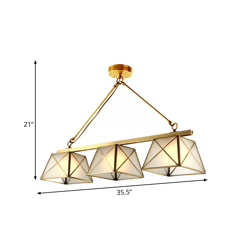 3 Bulbs Tapered Island Pendant Light Colonial Style Brass Finish Opal Glass Ceiling Hang Fixture Clearhalo 'Ceiling Lights' 'Island Lights' Lighting' 780793