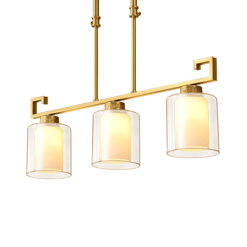 Traditional 2-Layer Cylinder Island Lighting 3 Heads Clear and Opal Glass Pendulum Lamp in Brass Clearhalo 'Ceiling Lights' 'Island Lights' Lighting' 780795