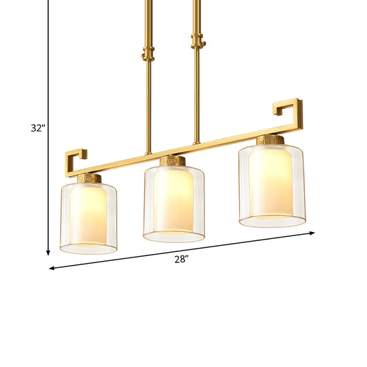 Traditional 2-Layer Cylinder Island Lighting 3 Heads Clear and Opal Glass Pendulum Lamp in Brass Clearhalo 'Ceiling Lights' 'Island Lights' Lighting' 780797