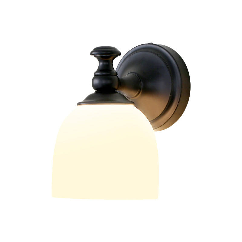 1 Head White Glass Wall Sconce Light Classic Style Black Domed Shade Living Room Wall Lighting Clearhalo 'Wall Lamps & Sconces' 'Wall Lights' Lighting' 781018