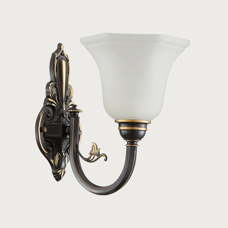 Curved Arm Corridor Wall Lamp Traditional Metal 1/2-Head Brass/Black and Gold Sconce Light with Flared Frosted Glass Shade Clearhalo 'Wall Lamps & Sconces' 'Wall Lights' Lighting' 781030