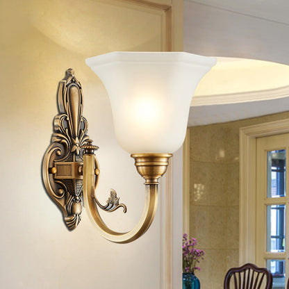 Curved Arm Corridor Wall Lamp Traditional Metal 1/2-Head Brass/Black and Gold Sconce Light with Flared Frosted Glass Shade 1.0 Brass Clearhalo 'Wall Lamps & Sconces' 'Wall Lights' Lighting' 781032