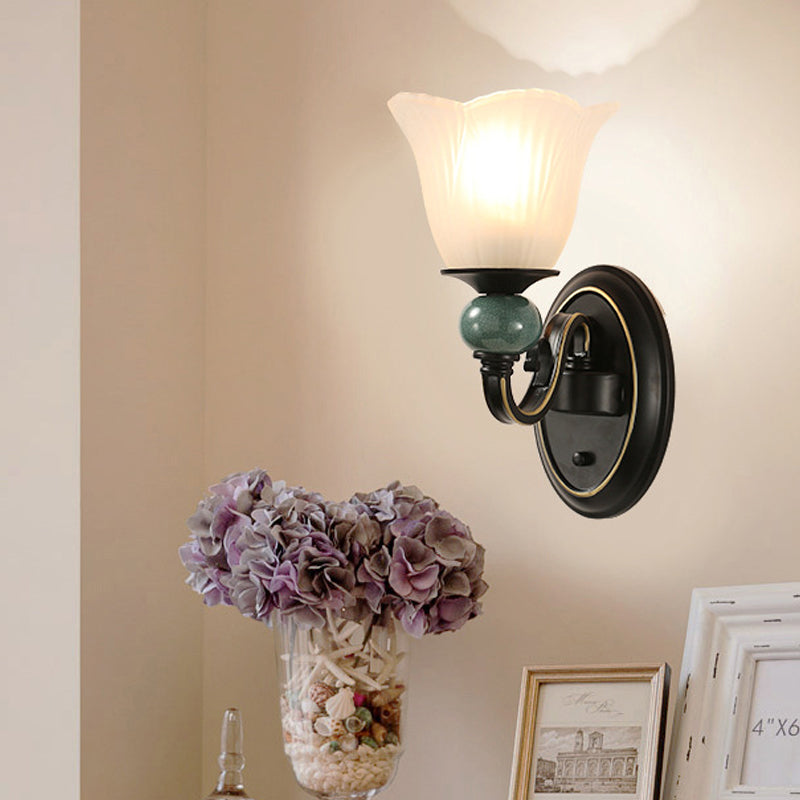 Black Flared Wall Mounted Lamp Traditional Opal Ribbed Glass 1/2-Bulb Bedroom Sconce with Swirl Arm 1.0 Black Clearhalo 'Wall Lamps & Sconces' 'Wall Lights' Lighting' 781121