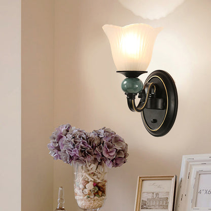 Black Flared Wall Mounted Lamp Traditional Opal Ribbed Glass 1/2-Bulb Bedroom Sconce with Swirl Arm 1.0 Black Clearhalo 'Wall Lamps & Sconces' 'Wall Lights' Lighting' 781121