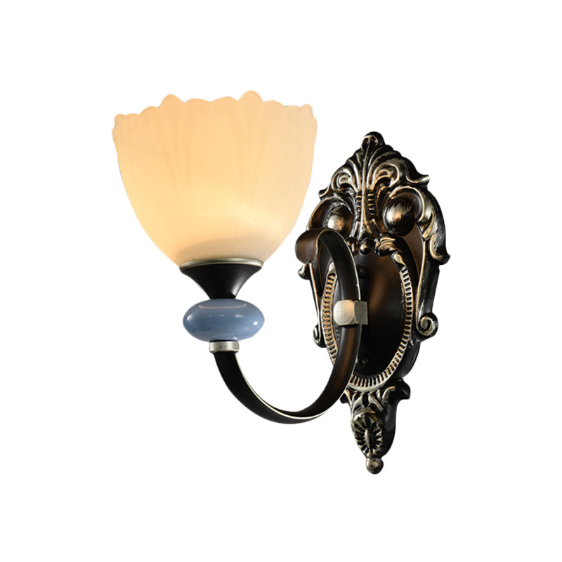 1/2-Head Wall Lamp Countryside Corridor Wall Lighting with Bowl Frosted Glass Shade in Black Clearhalo 'Wall Lamps & Sconces' 'Wall Lights' Lighting' 781148