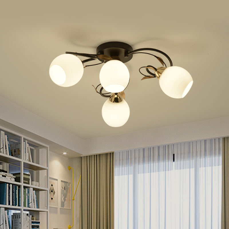 Globe White Glass Semi Flush Light Traditional 4/6/9 Lights Living Room Ceiling Mounted Fixture in Black 4 Black Clearhalo 'Ceiling Lights' 'Close To Ceiling Lights' 'Close to ceiling' 'Semi-flushmount' Lighting' 781177