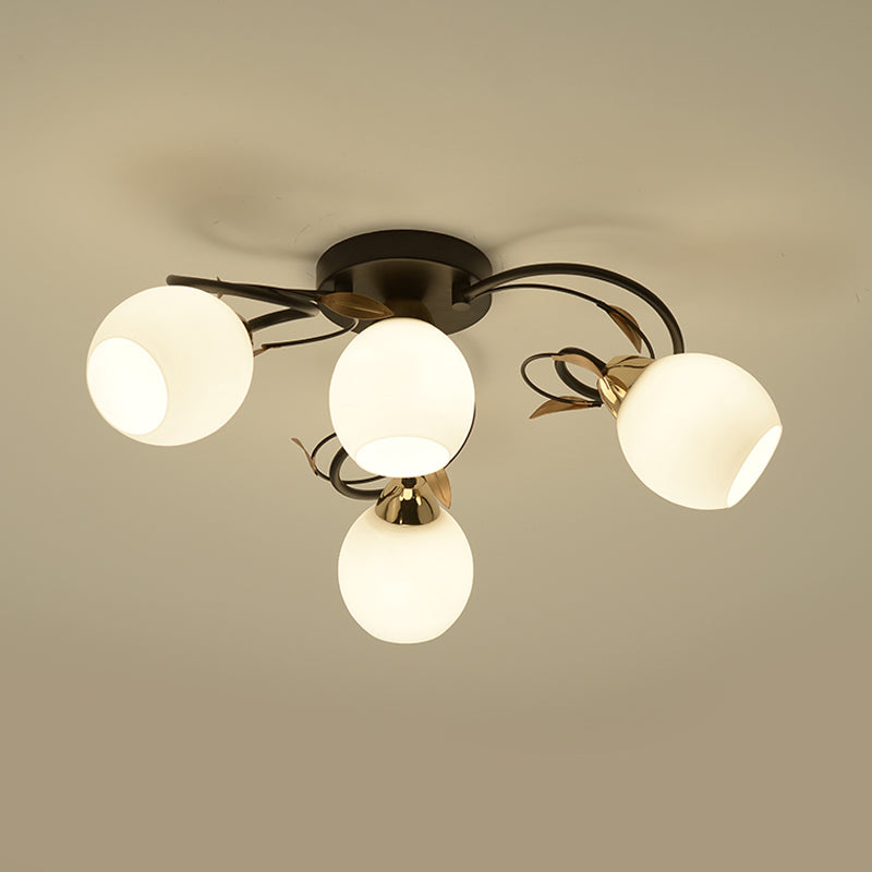 Globe White Glass Semi Flush Light Traditional 4/6/9 Lights Living Room Ceiling Mounted Fixture in Black Clearhalo 'Ceiling Lights' 'Close To Ceiling Lights' 'Close to ceiling' 'Semi-flushmount' Lighting' 781179