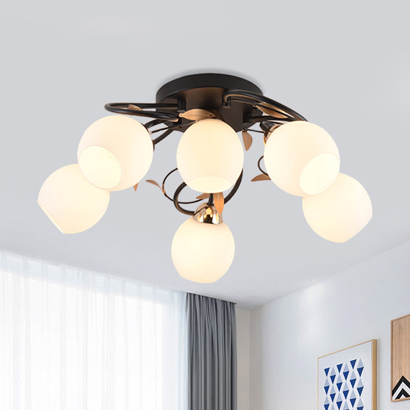Globe White Glass Semi Flush Light Traditional 4/6/9 Lights Living Room Ceiling Mounted Fixture in Black 6 Black Clearhalo 'Ceiling Lights' 'Close To Ceiling Lights' 'Close to ceiling' 'Semi-flushmount' Lighting' 781181